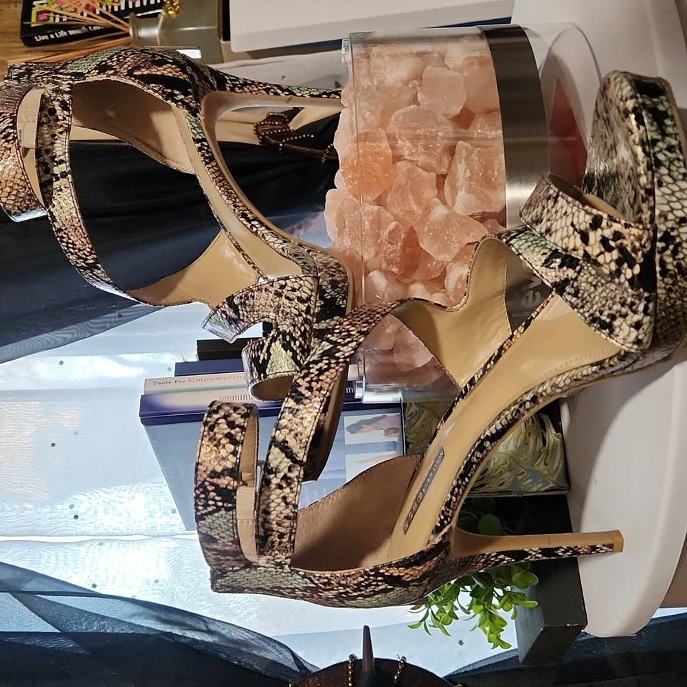 Bcbg Exotic Python Print Heels, Mint/Blk/Copper/C… - image 1